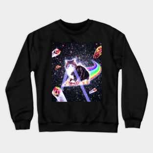 Laser Eyes Space Cat Riding Rainbow Pizza Crewneck Sweatshirt